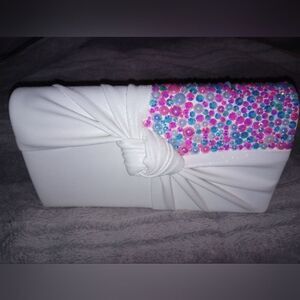 White Clutch Hand Embellished With "Cotton Candy" Rhinestones & Pearls